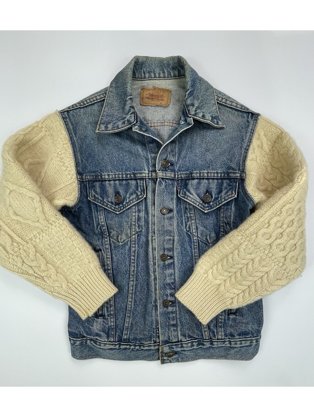 Vintage 80s Levi’s Reworked Denim Trucker Jacket Cable Knit Wool Sleeves S